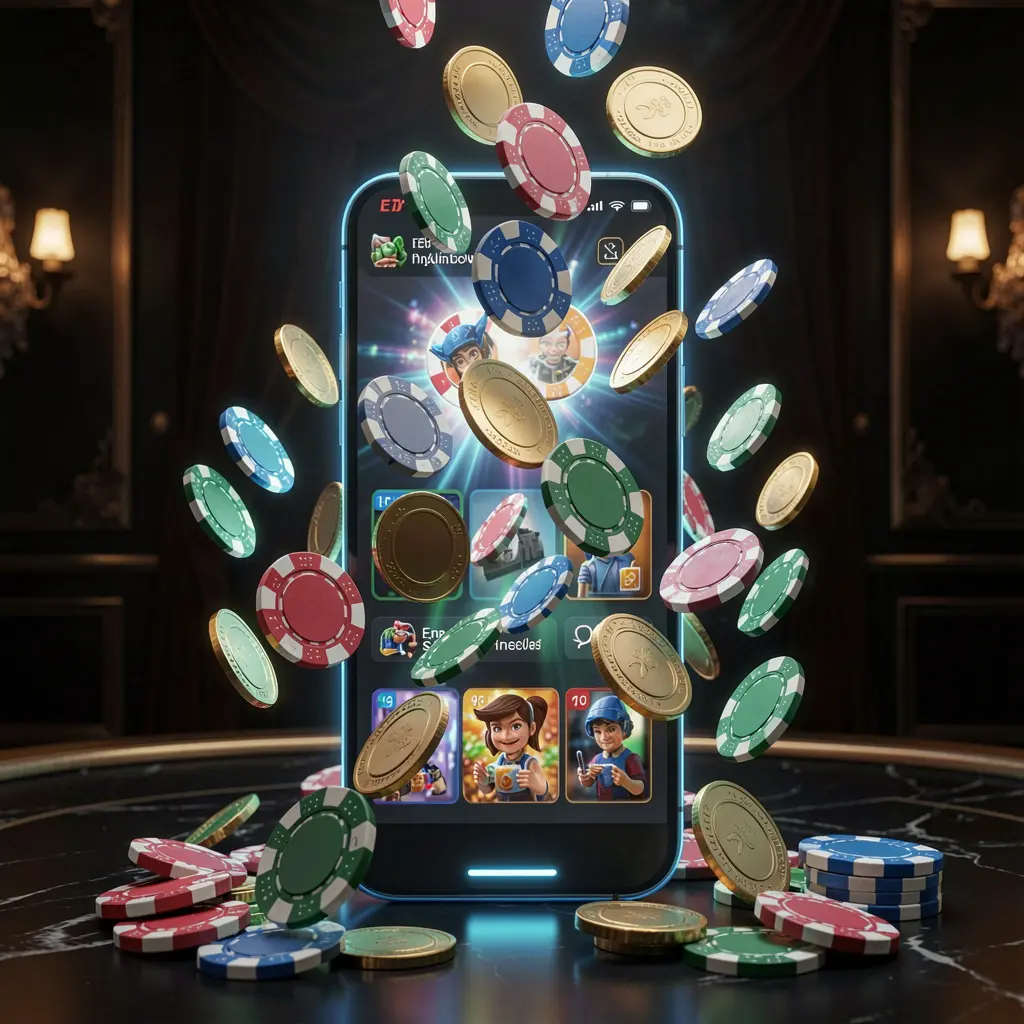 669O online gaming app displayed on a smartphone screen with glowing casino chips and coins emerging against a luxury dark background with cinematic lighting