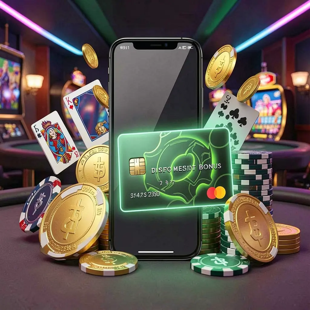669O deposit bonus concept featuring a smartphone wallet with a glowing payment card, surrounded by golden coins and poker chips in a modern mobile casino style