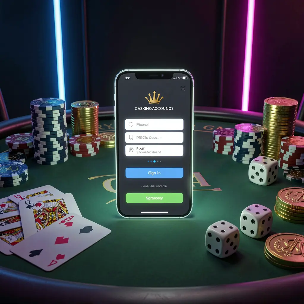 669O casino account sign in scene with a glowing smartphone on a casino table surrounded by cards, chips, dice, and gold coins against an elegant dark background with neon highlights