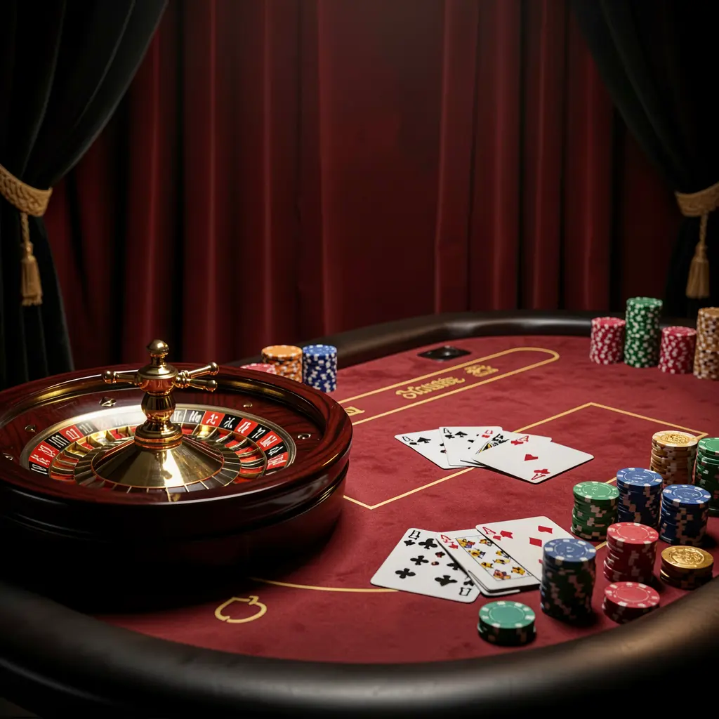 Elegant online casino gaming table featuring roulette, blackjack cards, poker chips, and coins with luxury cinematic lighting on a black and red background, showcasing 669O's responsible gaming platform